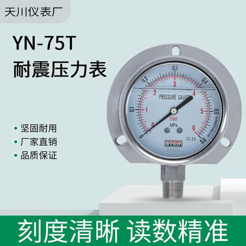 YN-75T耐震径向带边真空压力表耐震压力表压力计-0.1+2.4
