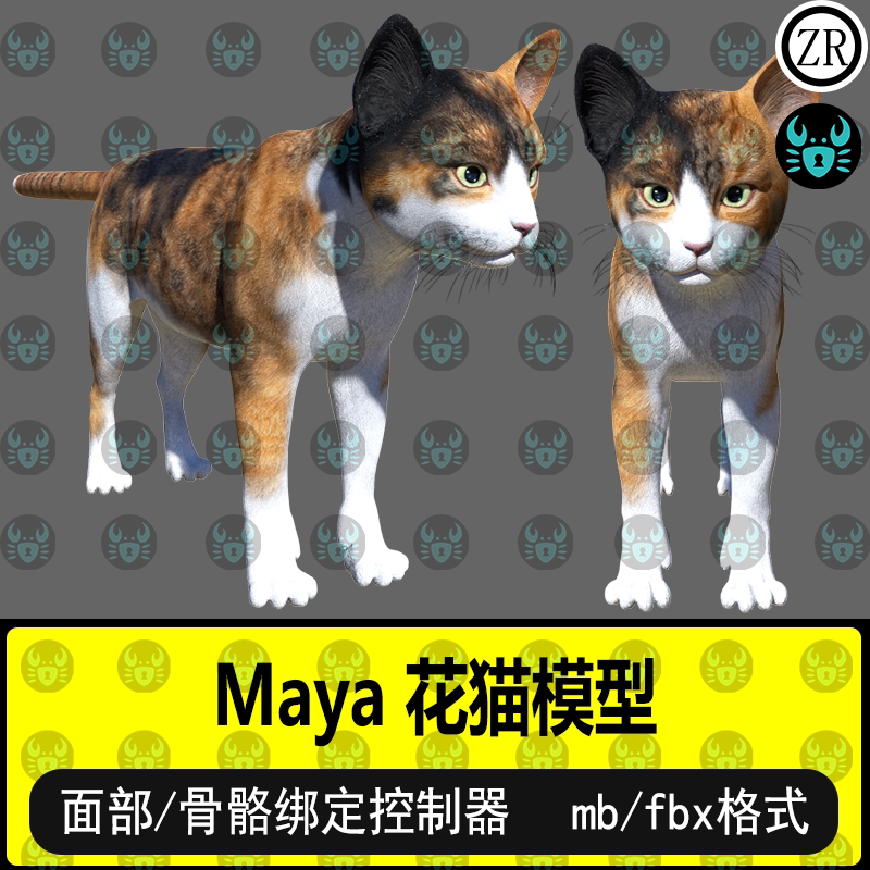 maya小花猫模型写实动物模型骨骼绑定材质贴图面部控制 3D模型fbx