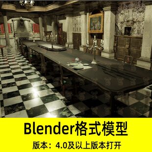 Blender欧式古典豪华餐厅宴会厅桌椅烛台场景渲染3D模型设计素材