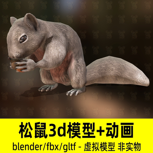 blender松鼠模型写实动物松鼠3d模型建模骨骼动画3D动物模型fbx