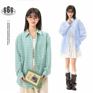 衬外套宽松百搭情侣外套 小个子袖 ［Be Luck］复古蓝色格子衬衫