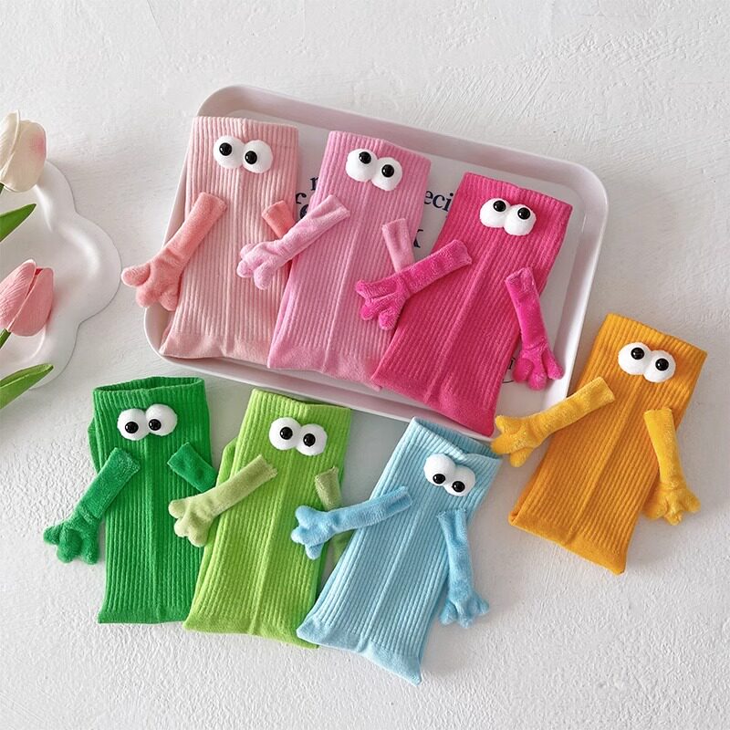 原创多巴胺情侣牵手袜子夏季薄款纯棉磁吸中筒袜糖果色可爱小腿袜