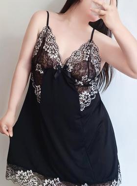 超大号胖毫米吊带睡衣100kg俯卧撑纯欲望诱惑深V宽松黑色蕾丝睡衣