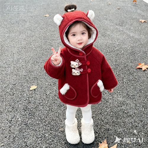 女童连帽加绒加厚外套冬季保暖