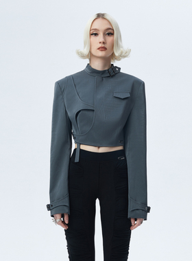 RAY BURST GREY 立领搭扣格纹云灰色短款垫肩外套