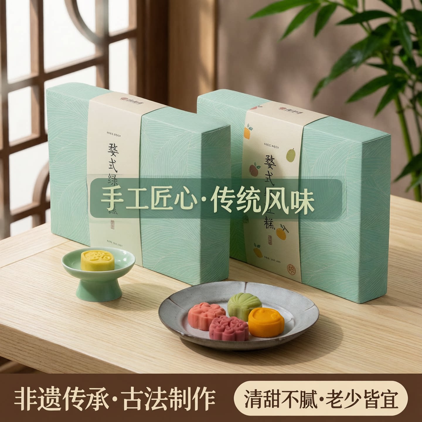 婺式绿豆糕礼盒低糖原味+果味400克手工绿豆糕中式糕点礼盒