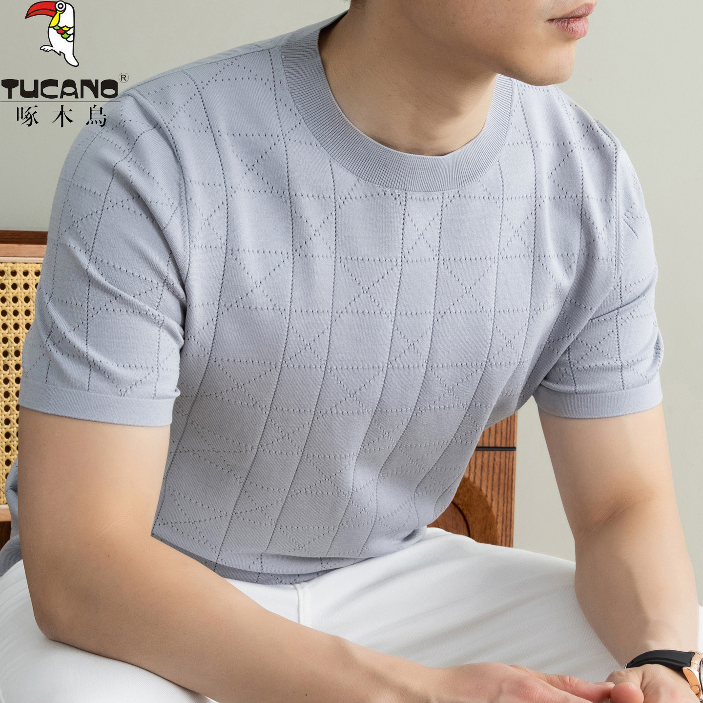 啄木鸟桑蚕丝短袖t恤男士圆领亚麻针织上衣夏季休闲薄款冰丝半袖T