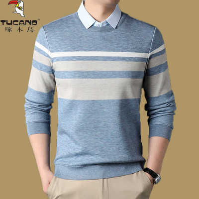 羊毛衫男士假两件毛衣长袖衬衫领