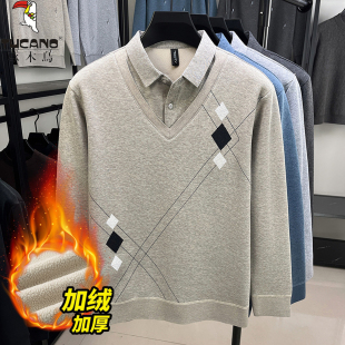 啄木鸟冬季加绒加厚假两件毛衣男长袖保暖爸爸装衬衫领针织打底衫