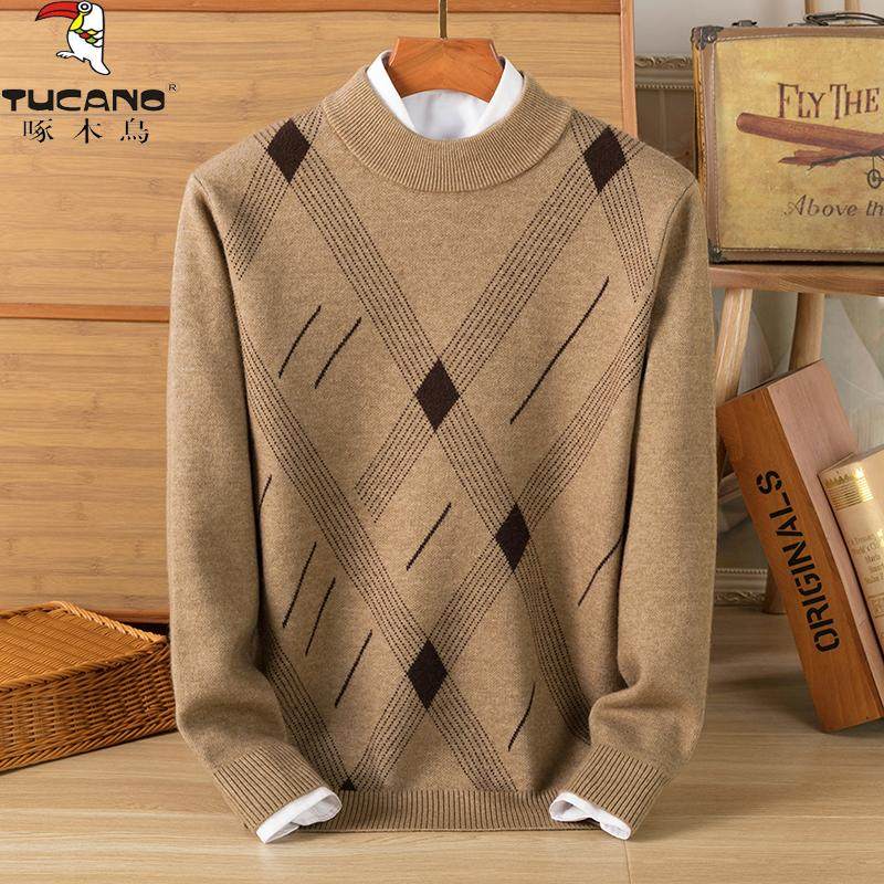 啄木鸟冬季加厚羊毛衫男士半高领条纹毛衣宽松休闲羊绒针织打底衫