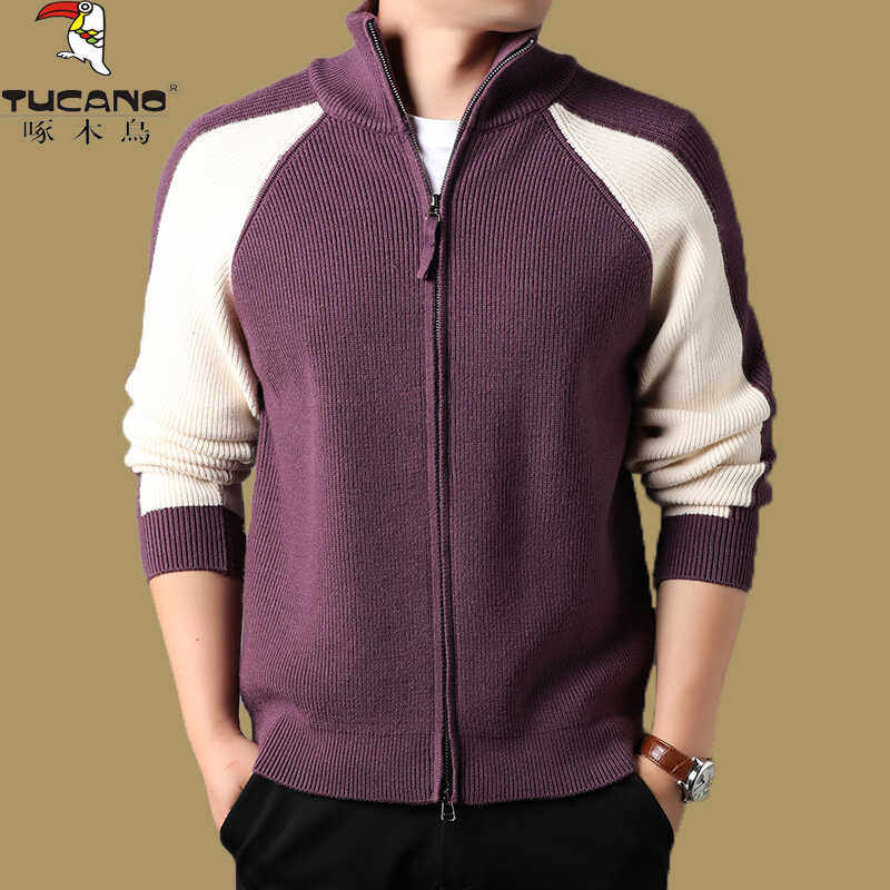 啄木鸟羊毛针织开衫男士立领拉链毛衣外套秋冬季青年韩版针织夹克