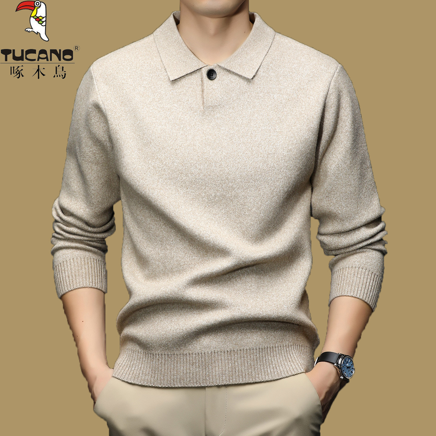 啄木鸟秋冬款羊毛衫针织毛衣男时尚韩版翻领羊绒衫假两件打底衫潮