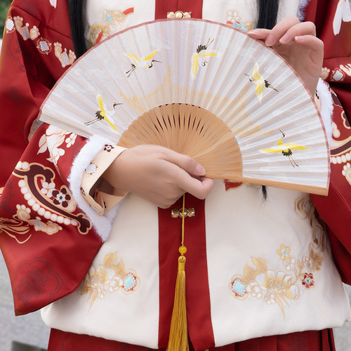 世福堂丝印手工绢布瑞鹤图折扇