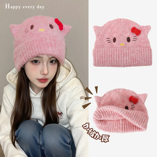 秋冬甜美卡通针织帽子女猫咪耳朵蝴蝶结护耳毛线帽儿童保暖加绒帽