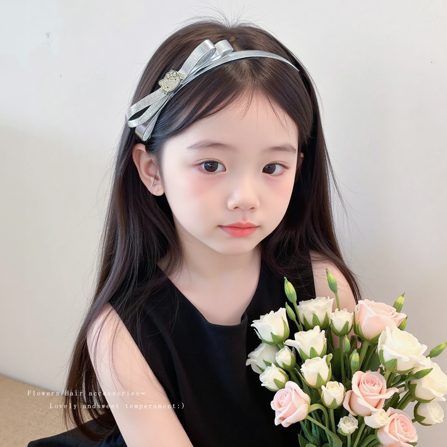 儿童珠光发箍女童宝宝甜美蝴蝶结银色系头箍小女孩不勒头百搭发饰