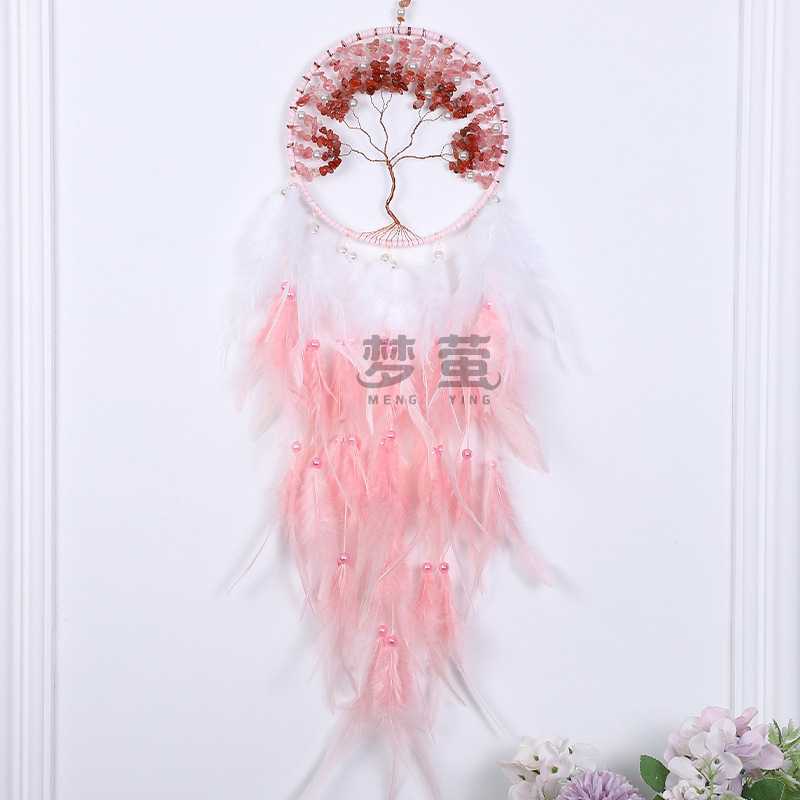 新款直销高档生命之树捕梦网水晶石风铃房间挂饰羽毛装饰品 跨境