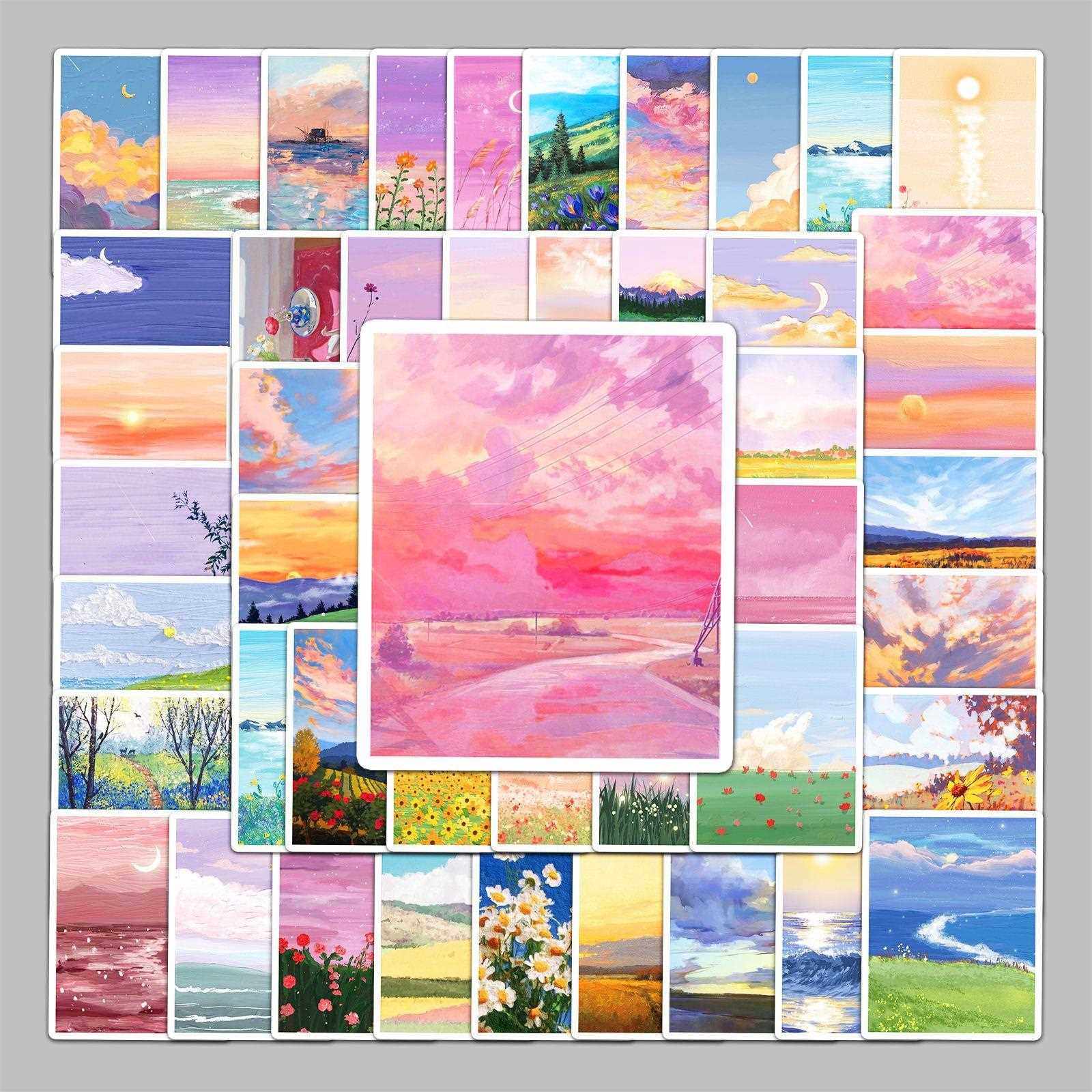 新款直销50张风景油画行李箱贴纸创意防水涂鸦贴纸滑板车电脑平板