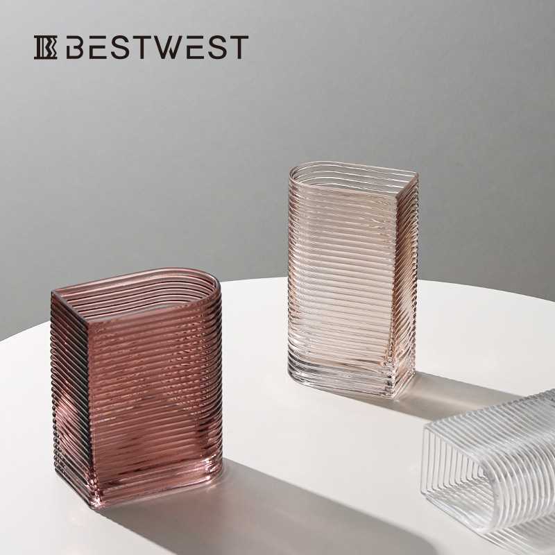 新款直销博西家居 彩色横纹直筒水培扁缸玻璃花瓶家居样板间装饰