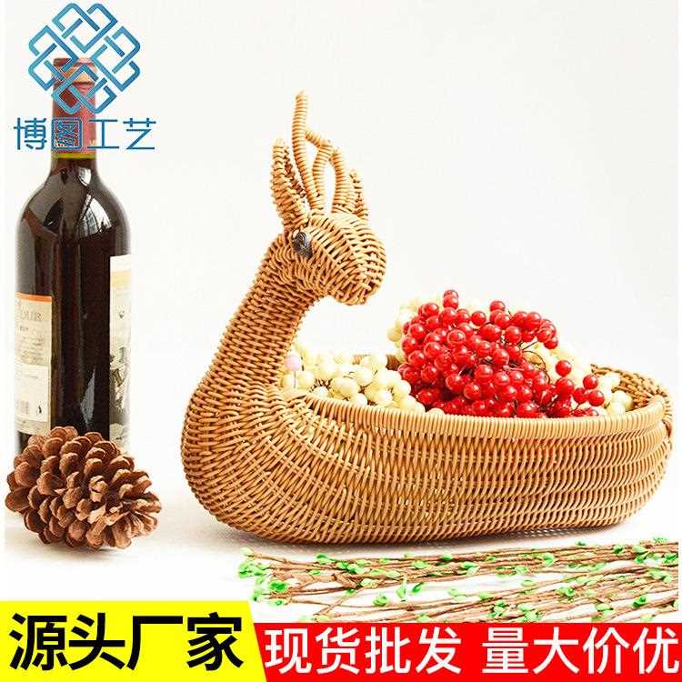 新款直销博图卡通仿雄鹿藤编水果篮零食筐家居装饰编织篮收纳田园