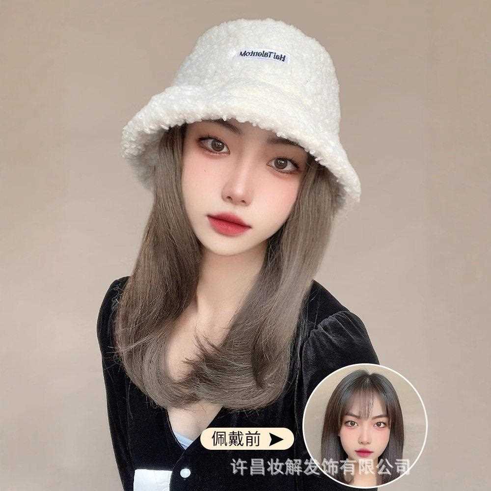 新款直销帽子假发女一体时尚秋冬新款羊羔毛显脸小渔夫帽韩版潮百
