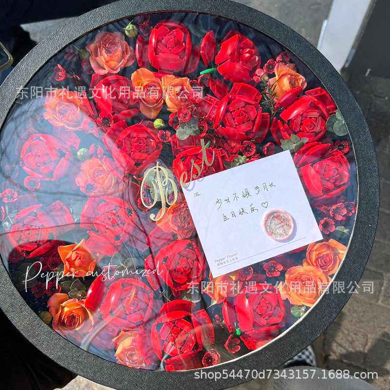 新款直销新款直销圆形开窗礼盒黑色心形爱心插花大号圆礼盒玫瑰花
