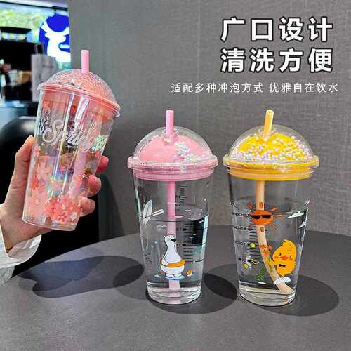 新款直销大容量便携隔热玻璃吸管水杯450ml颜值可爱卡通双层透明