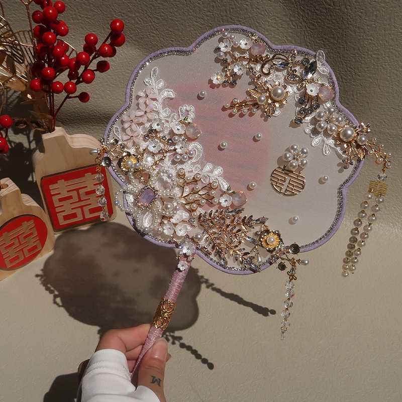 新款直销中式古典手工紫色喜扇新娘秀禾服婚礼团扇结婚出嫁扇材料