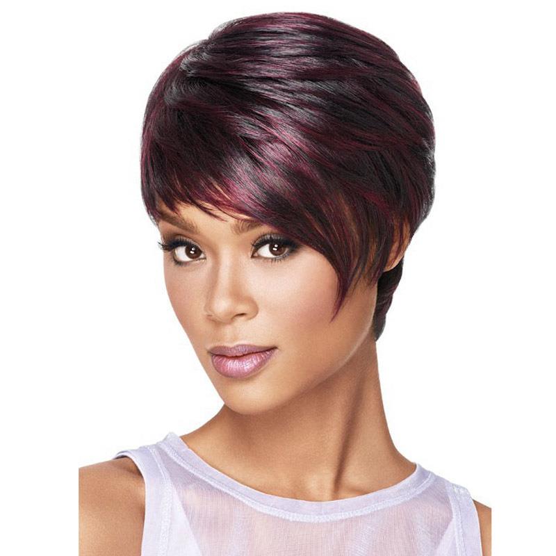 新款直销外贸假发女短发欧美时尚短直发黑酒红色挑染斜刘海化纤发