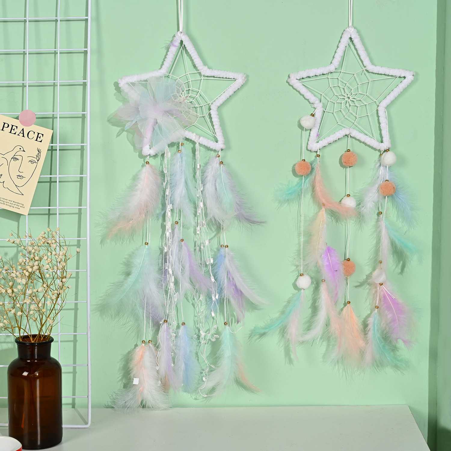 新款直销新款创意五角星羽毛捕梦网挂件 时尚简约手工diy风铃挂饰