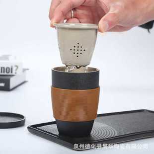 新款直销创意黑陶马克杯茶水分离带盖陶瓷杯过滤杯办公泡茶杯礼品