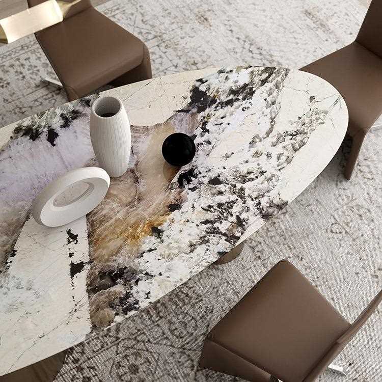 新款直销意大利潘多拉椭圆饭桌奢石原版意式轻奢大理石餐桌椭圆形
