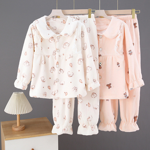 秋冬加绒加厚女童珊瑚绒睡衣套装法兰绒中大童女孩翻领开衫家居服