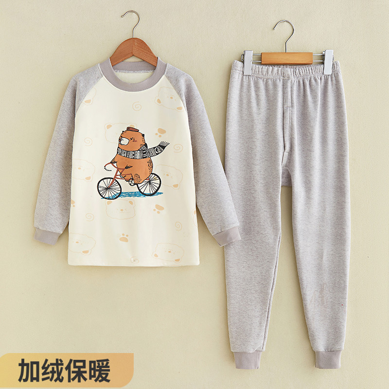 儿童加绒加厚保暖内衣套装男童女童中大童小孩胸花一体绒加厚打底