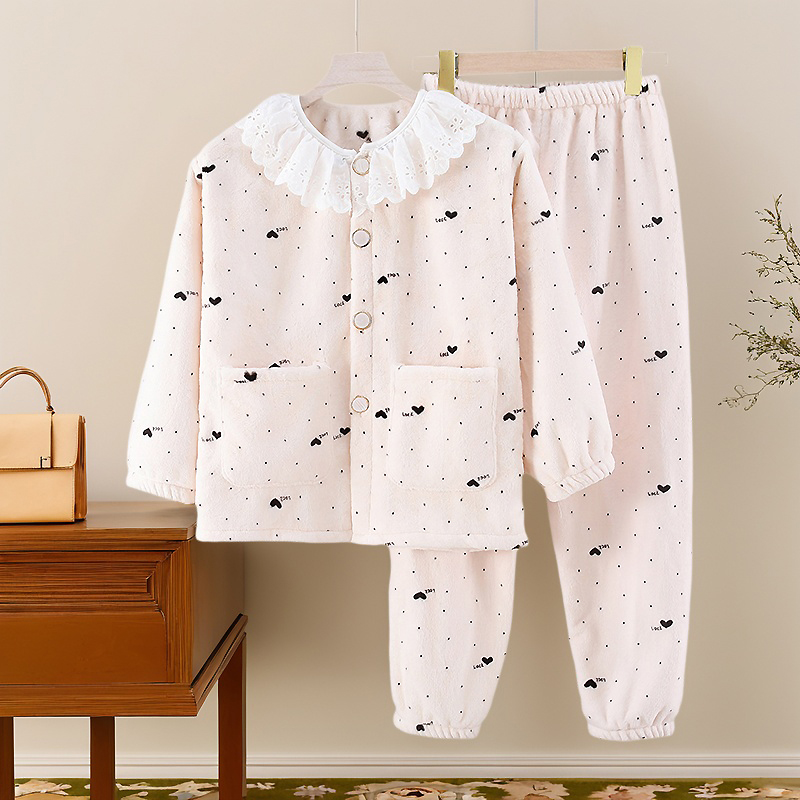 秋冬季女童珊瑚绒开衫睡衣套装