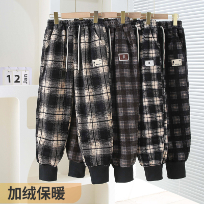 秋冬季男童加绒加厚一体绒格子裤