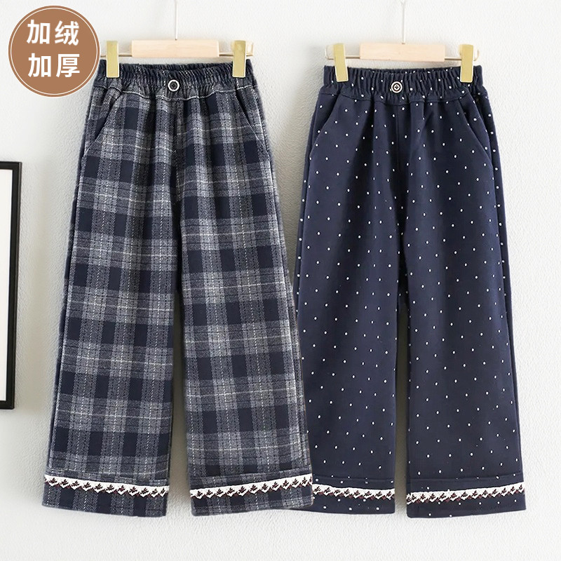 秋冬季女童一体加绒加厚直筒裤中大童女孩格子花边阔腿裤休闲长裤