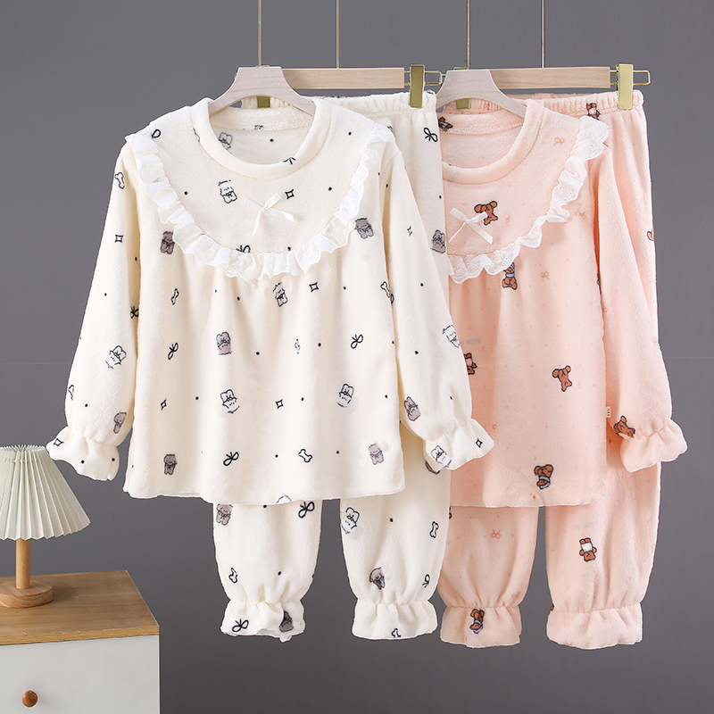 萌趣豆秋冬季女童珊瑚绒睡衣套装