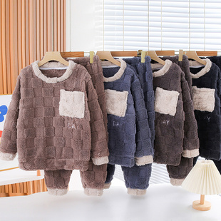 秋冬季儿童珊瑚绒加厚睡衣套装男童女童小孩中大童法兰绒家居服