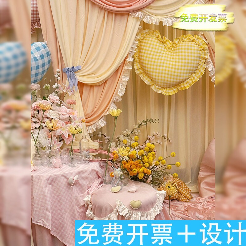 婚礼晨牌粉色系拍照牛奶丝背景布布置仿真花艺摆件装置秋菊装饰品