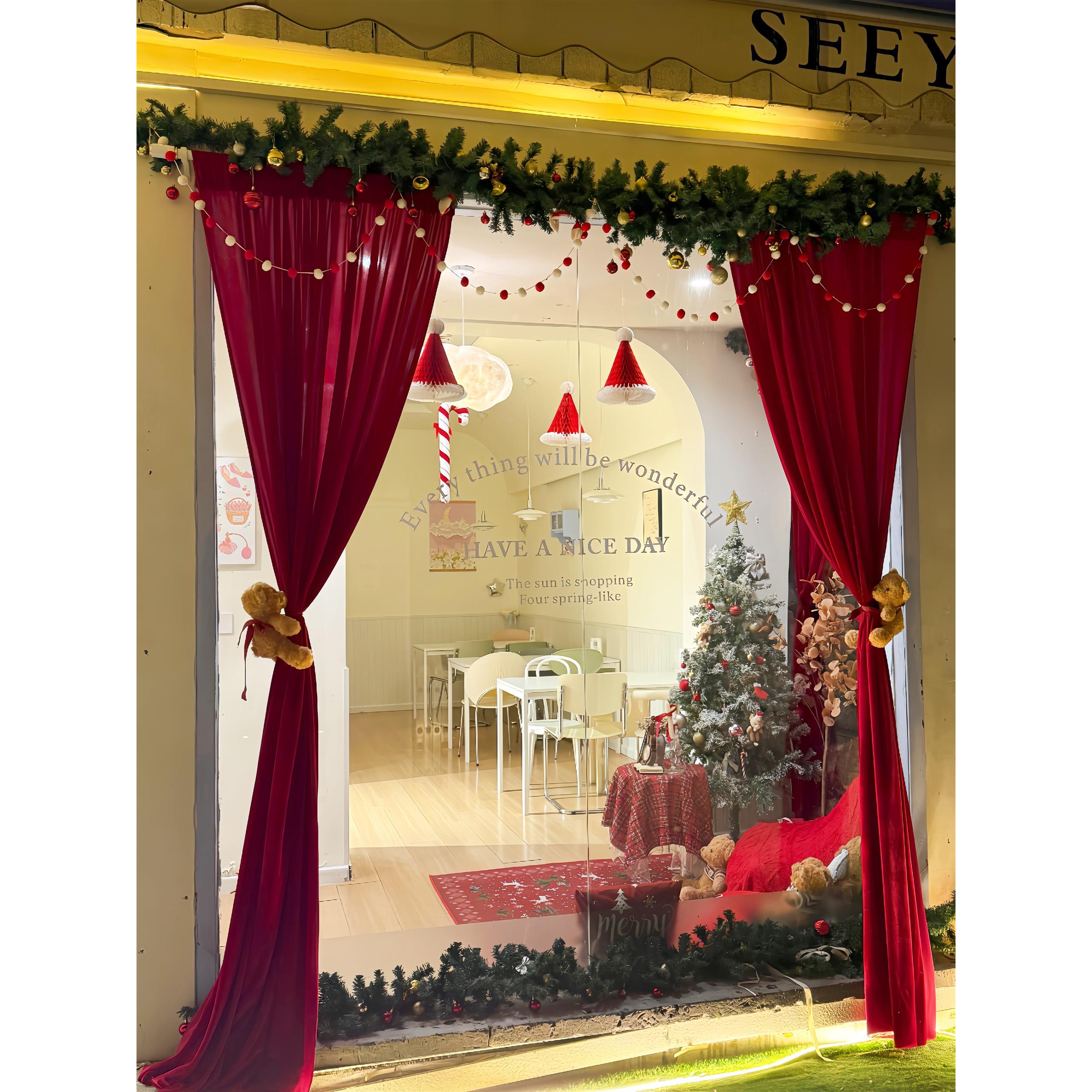 圣诞节装饰圣诞帽空中挂饰彩球藤条吊饰餐厅咖啡店酒吧氛围感布置