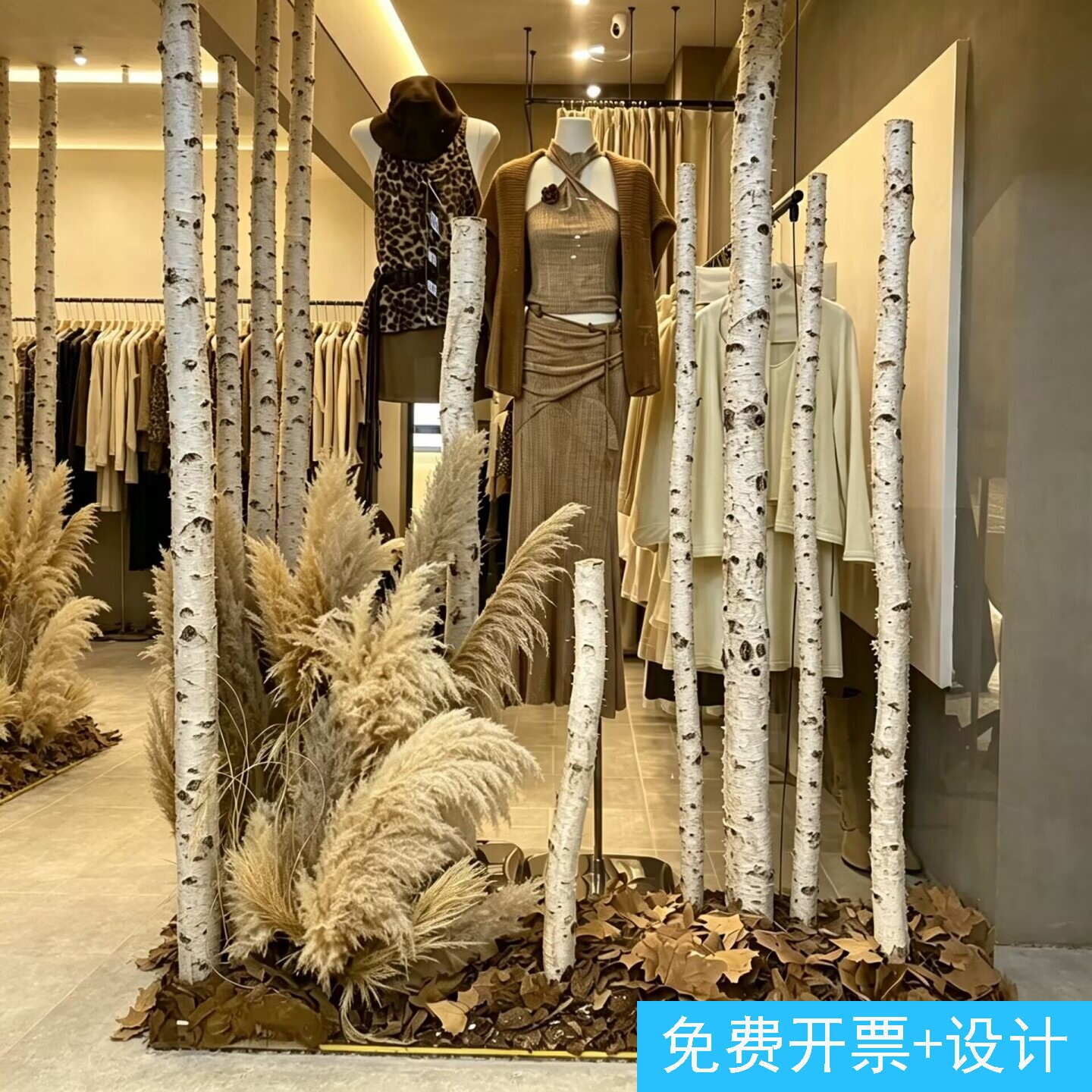 秋冬季女服装店橱窗装饰白桦树杆干树枝侘寂风梧桐枯叶松树皮造景