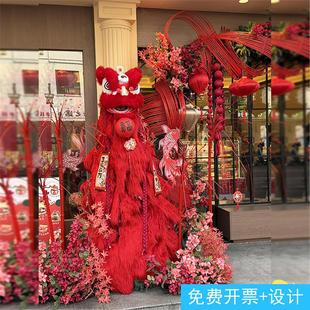 2026新年店铺门口氛围竹排舞狮醒狮狮头装饰布置仿真花摆件材料品