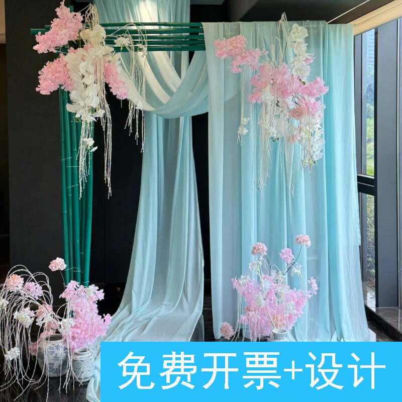 天青色新中式晨袍布置蓝色梦境美学国风花艺布置花瓶仿真花堆造景
