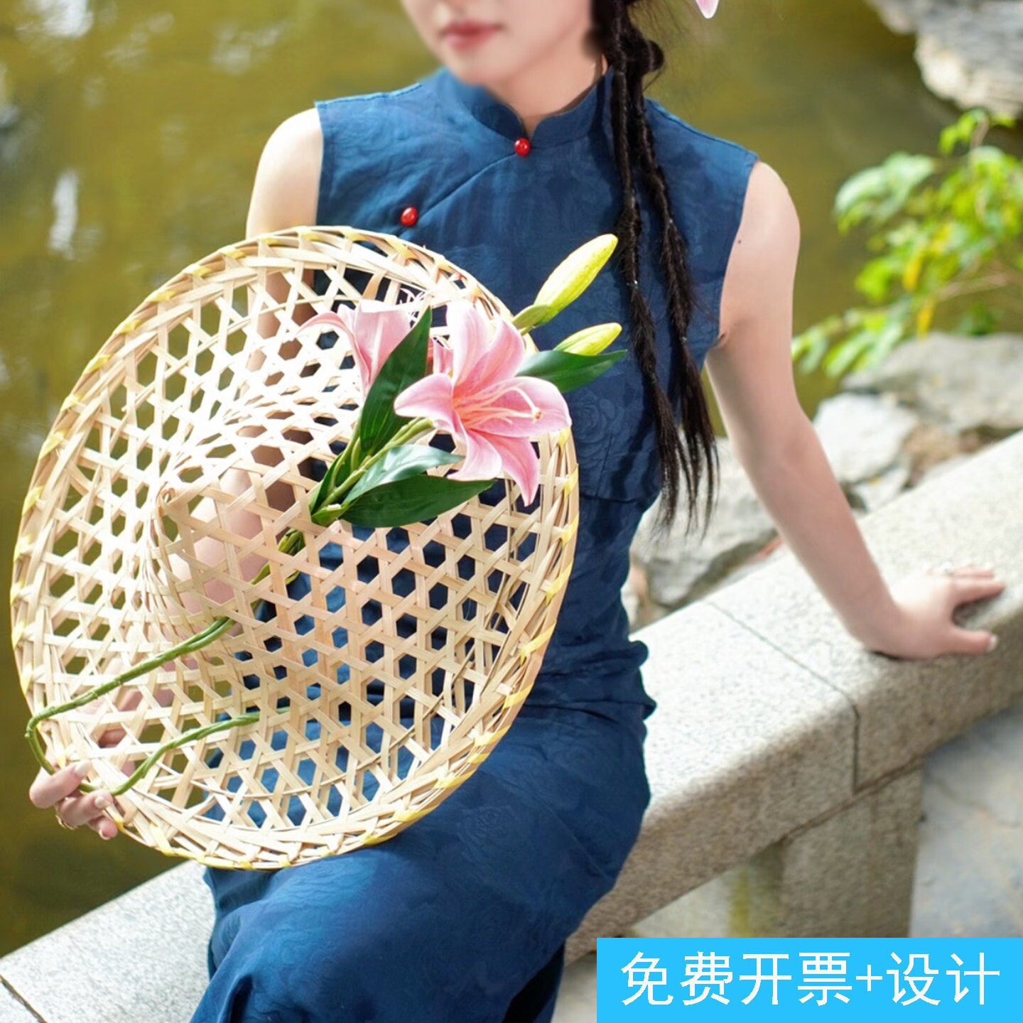 国风古风拍照镂空竹编斗笠帽花艺帽子旗袍出片手拿专用道具户外