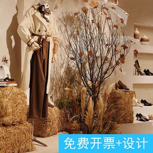秋冬店铺橱窗美陈装置方形草垛堆装饰秋季芦苇干花透明伞道具摆件