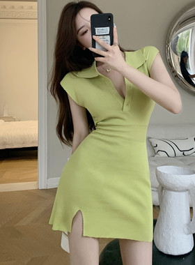 纯欲风又a又飒polo领针织连衣裙女夏季收腰显瘦气质修身开叉裙子