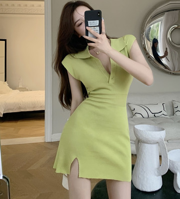纯欲风polo领修身显瘦针织开叉裙