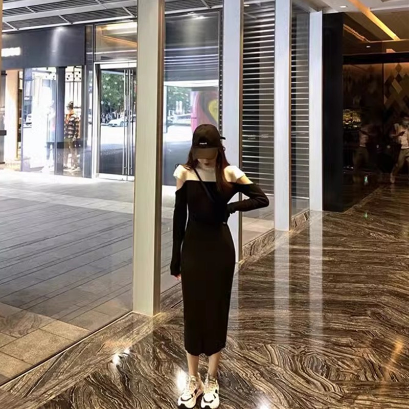 法式长款毛衣裙露肩针织连衣裙