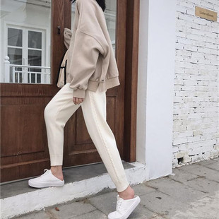 高腰百搭奶奶裤女秋冬季网红小脚萝卜哈伦裤显瘦直筒毛线针织裤子