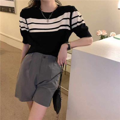 短款法式泡泡袖冰丝针织衫上衣女